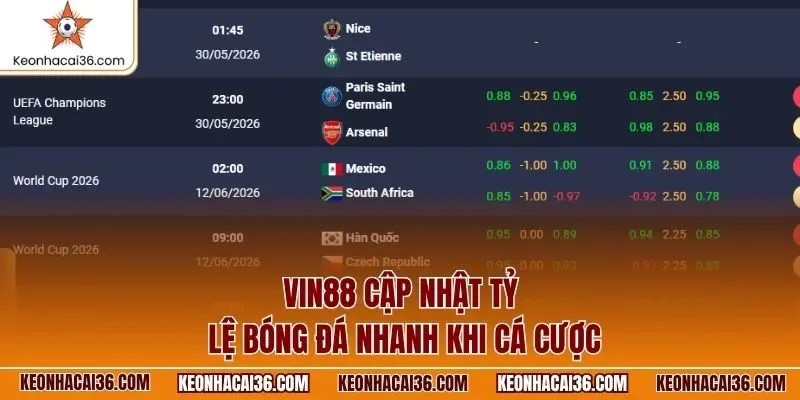 Vin88 cập nhật tỷ lệ bóng đá nhanh khi cá cược